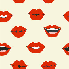 Full lips, closed and open mouth on a beige background, vector geometric seamless pattern.