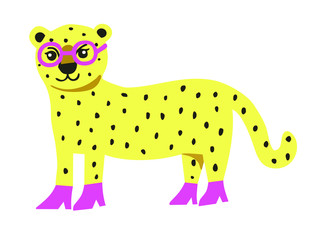 Fashionable leopard cartoon, in pink glasses and shoes.