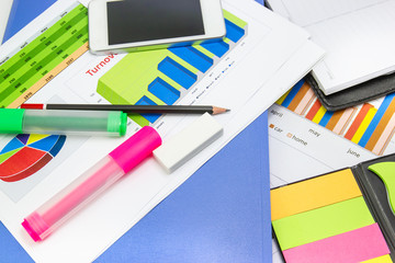 pencil, Blue folder, graph sheet, Color highlight pen on white background isolated, concept Office equipment
