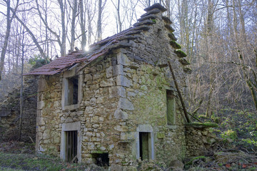 Ancienne maison du Bugey. le toit est dit à redents ou plus communément à pas d'oiseaux.