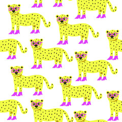 Fashionable leopard cartoon, in pink glasses and shoes. Isolated vector, geometric seamless pattern on a white background. 