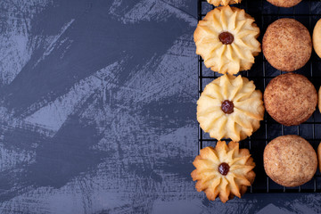 Shortbread cookie assortment on the pastry lattice. Top view