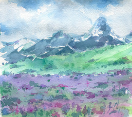 Beautiful landscape with mountains and purple flowers on foreground. Hand painted in watercolor. - 351266361