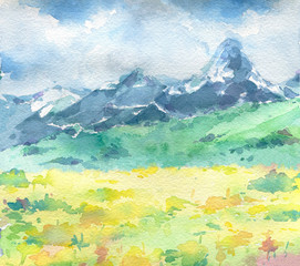 Beautiful landscape with mountains and yellow flowers on foreground. Hand painted in watercolor. - 351266366
