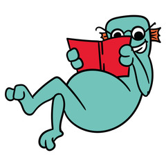cute funny blue alien reads the red book, isolated vector image, on a white background