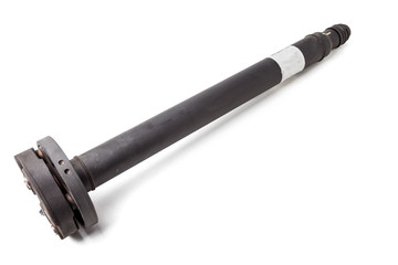 Single-section propeller shaft of a car with a steel rod, a sliding fork and an intermediate bearing for transmitting torque. Spare part for sale or replacement in a auto service.