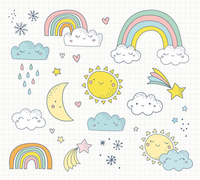 Set of cute weather icons and illustrations in hand drawn style. Smiling sun, clouds, moon, rainbow. Seasons, weather forecast cute characters. 