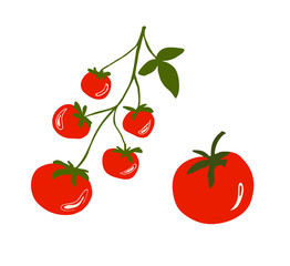 Red cherry tomatoes on a branch, isolated vector on white background. 