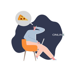 A man makes an online order via notebook for food delivery. Online shopping concept. Vector flat illustration