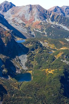 Western Tatras - Rohacske lake from the peak Volovec in autumn.