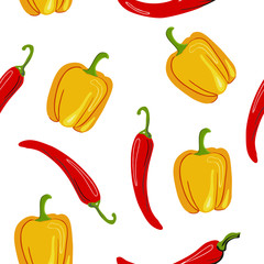 Sweet bulgarian and hot red chili peppers, seamless texture on a white background