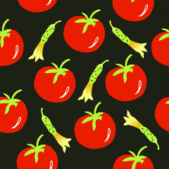 Young cucumbers with flower and tomatoes, vector vegetables. Geometric seamless pattern on a black background. Healthy and wholesome food