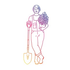 Gardener woman with a plant and a shovel. Rainbow colors in linear vector illustration. 