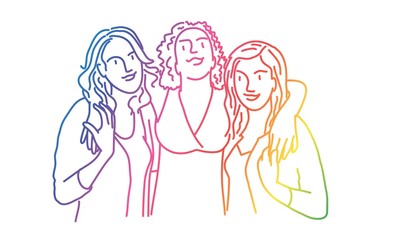 Cheerful girls embracing each other. Rainbow colors in linear vector illustration.