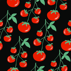 Vegetables, red cherry tomatoes on a branch, geometric seamless pattern on black background, vector. 