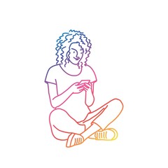 Woman sitting  with legs crossed and holding mobile phone. Rainbow colors in linear vector illustration.