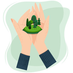 Earth Day, Enviroment day, Earth hour, environment damage concept. Vector flat illustration of hands with forest. Concept of climat change, ecological and deforestation problems.