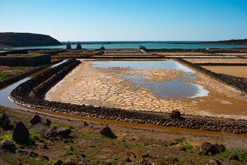 Aerial view on the salt production fields on Lanzarote island  on a sunny day 