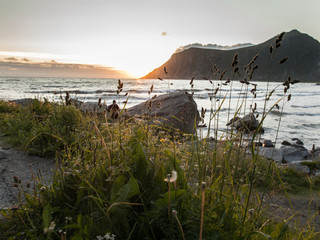 The sunset at Flakstad beach in Lofoten. 