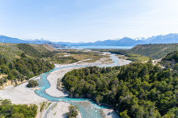 Obraz na płótnie Canvas Aerial view of El Maiten River, Chile Chico, Aysén, Chile