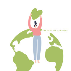 Eco friendly lifestyle hand drawn vector illustration. Woman holds green heart. Card to world environmental day, nature protection, nature loving concept