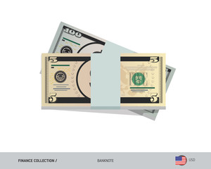 5 US Dollar banknotes. A bundle of money. Flat style vector illustration.