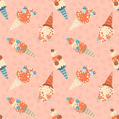 Seamless pattern of olorful summer ice cream with sprinkles and fruits