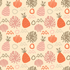 Summer seamless pattern with pineapples, palm leaves, seashells and doodle elements