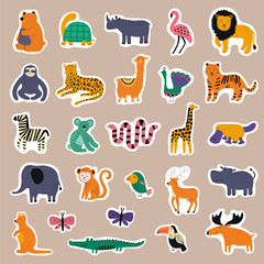 Big collection with hand drawn colorful animals stickers. Cute kids style template for game and education. Flat design vector illustration