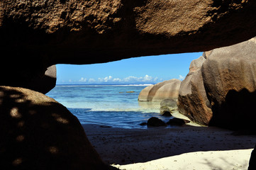 Idyllic beach with granitic rocks in Anse D'argent, La Digue island, Seychelles