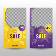 Template of Hello Summer Sale for Social Media and Banner with Tropical Leaf and Gradient Shape Color Style