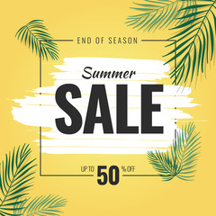 Obraz premium Template of End of Season Summer Sale with Tropical Coconut Leaf
