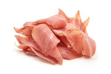 Italian prosciutto, dried meat slices, isolated on white background