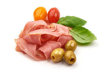 Pork jerky, dried meat slices, isolated on white background