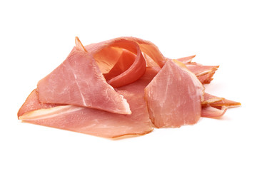 Italian prosciutto, dried meat slices, isolated on white background