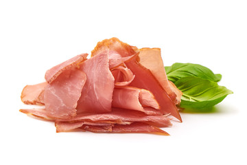 Jamon, dried ham slices, isolated on white background