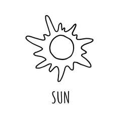 Cute cartoon hand drawn sun drawing. Sweet vector black and white sun star with crown drawing.