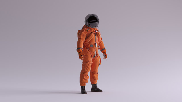 Orange Astronaut with Black Visor With Light Grey Background with Neutral Diffused Side Lighting Quarter View 3d illustration 3d render