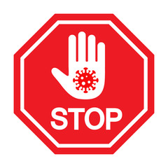 illustration of a stop hand sign depicting a virus on a white background. Warning about self-isolation and quarantine.