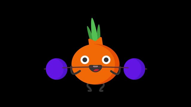 Onion raises barbell and smiles. Transparent background
