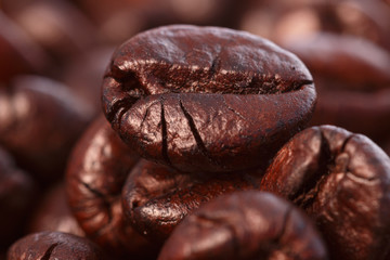 Dark roasted coffee beans  background  ,close up
