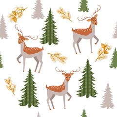 Vector seamless pattern with cute deers, fir trees and pine branches with cones. Wrapping paper with animals.