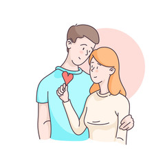 Obraz premium Happy couple characters. Woman holding loving heart in her hand, man hugging her by shoulder. Flat style linear clip art vector illustration. Wedding invitation, Valentine's day card design template.