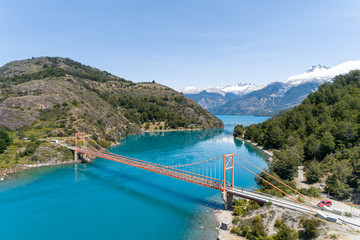 Obraz na płótnie Canvas Aerial view of General Carrera bridge, Bertrand Lake and General Carrera Lake - Chile Chico, Aysén, Chile