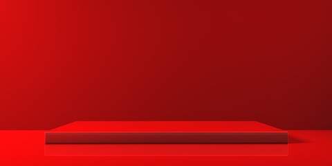 Espositore vuoto rosso su fondo rosso, podio o piedistallo per esposizione prodotti, base con sfondo vuoto, Rendering 3D.