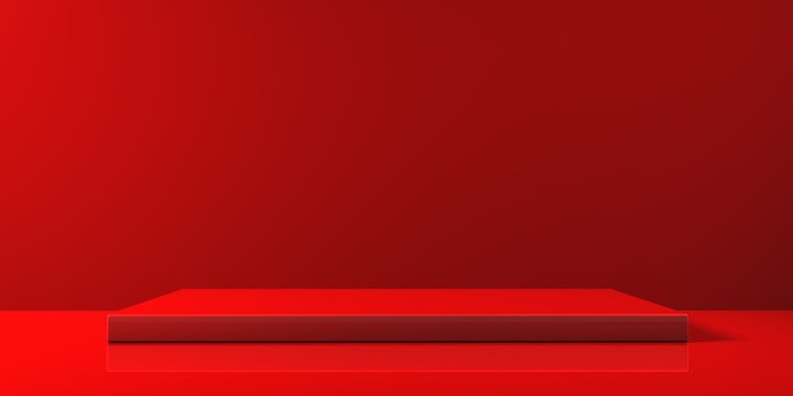 Espositore vuoto rosso su fondo rosso, podio o piedistallo per esposizione prodotti, base con sfondo vuoto, Rendering 3D.