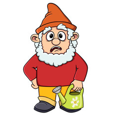 funny cartoon surprised gnome with soda watering can in hands. Vector is isolated on a white background. stock illustration