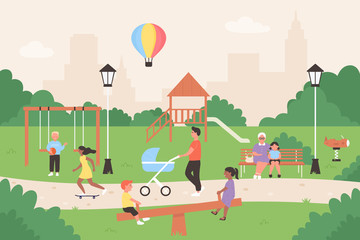 Obraz na płótnie Canvas People in summer city park vector illustration. Cartoon flat family and children characters sitting on bench, kids playing games, have fun together. Summertime outdoor activity in park background