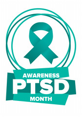 PTSD Awareness Month in June. Post Traumatic Stress Disorder. Celebrated annual in United States. Medical health care and awareness design. Poster, card, banner and background. Vector illustration