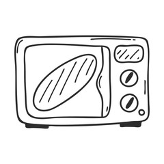 Oven in Doodle style. Kitchen electrical appliances for cooking. Design element for menu design,recipes and food packaging.Hand drawn and isolated on a white background.Black-white vector illustration